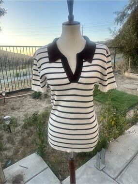 Workshop Republic Clothing Black and White Striped V-Neck Top